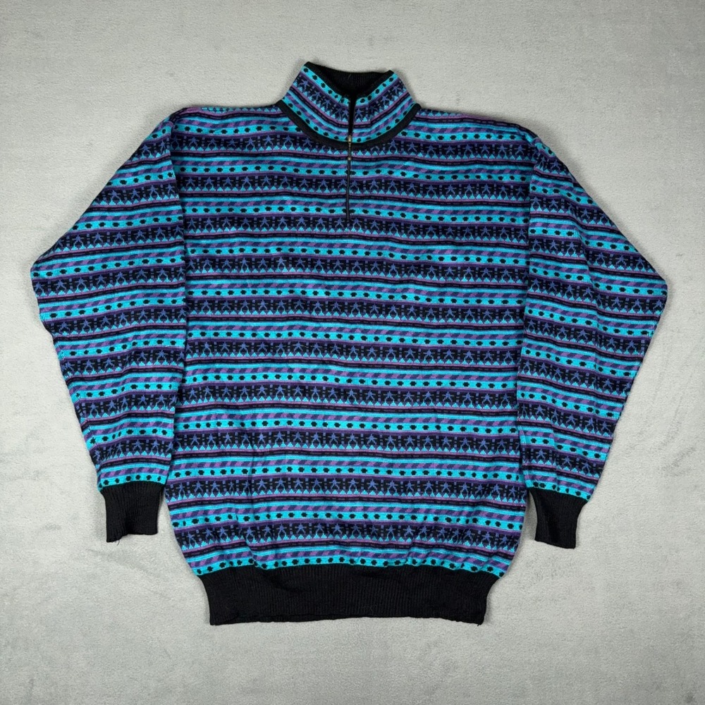 Vintage 90s Demetre Ski Sweater 1/4 Zip Wool Blend Fair Isle Nordic Knit M